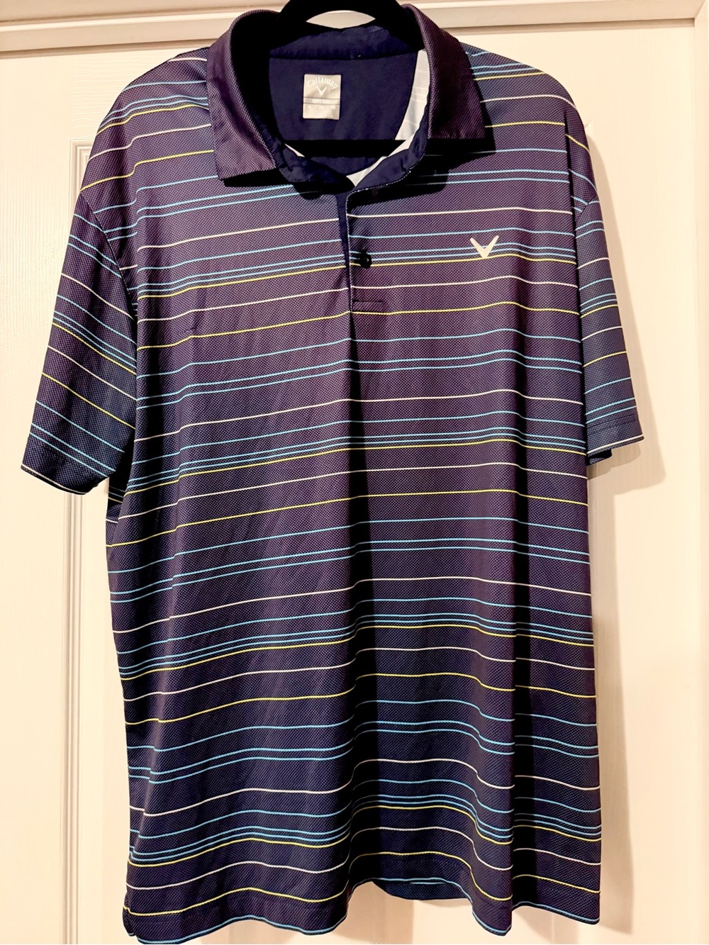 Callaway Navy Polo with Light Blue and Yellow Stripes